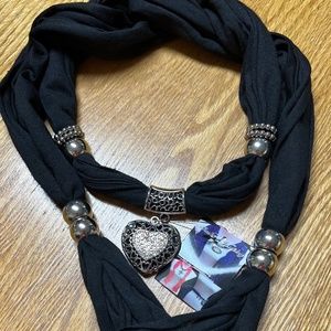 Black Scarf with silver heart and beads